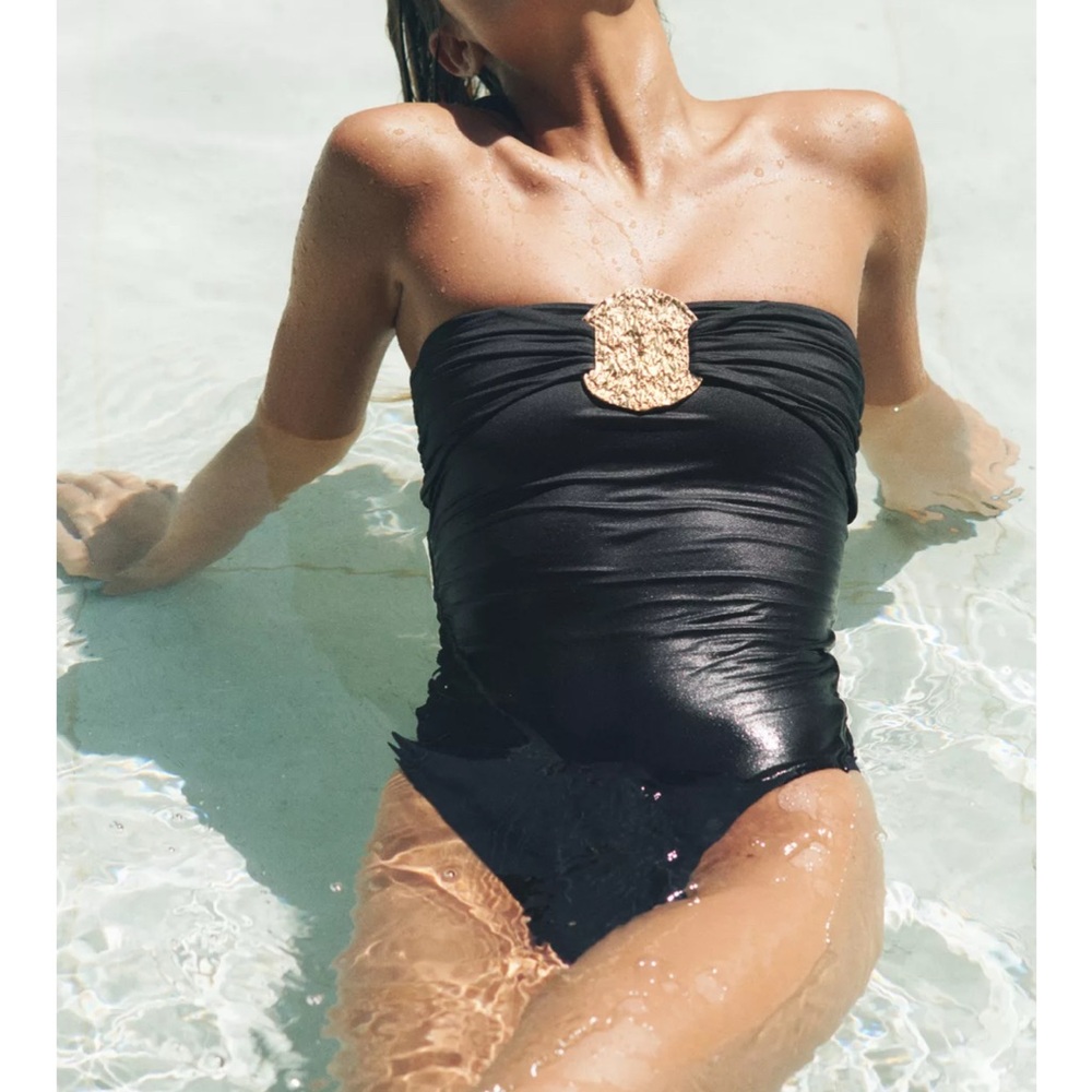 Zara black one piece bathing suit with gold piece. NWT